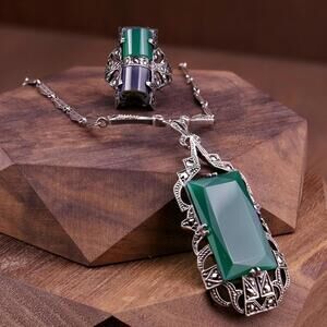 Art Deco Sterling Chrysoprase Marcasite Germany Drop Pendant Necklace & Ring